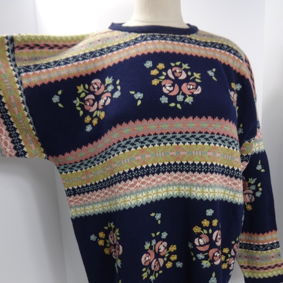 Alice Collins Sweaters - Large Roomie Dk Blue Sweater all Cotton w Flowers with stripes